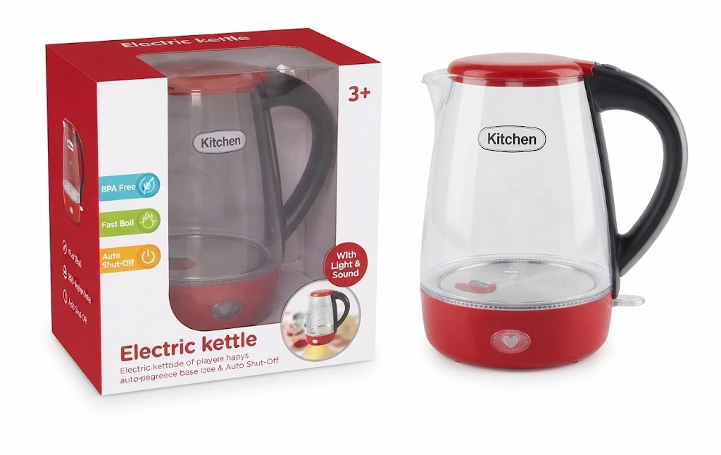 Kids Electric Kettle Toy with Realistic Lights and Sounds for Pretend Kitchen Roleplay Activities