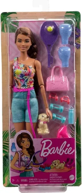 Barbie Self-Care Doll, Posable Brunette Workout Doll with Puppy and Accessories Including Roller Skates and Tennis Racket
