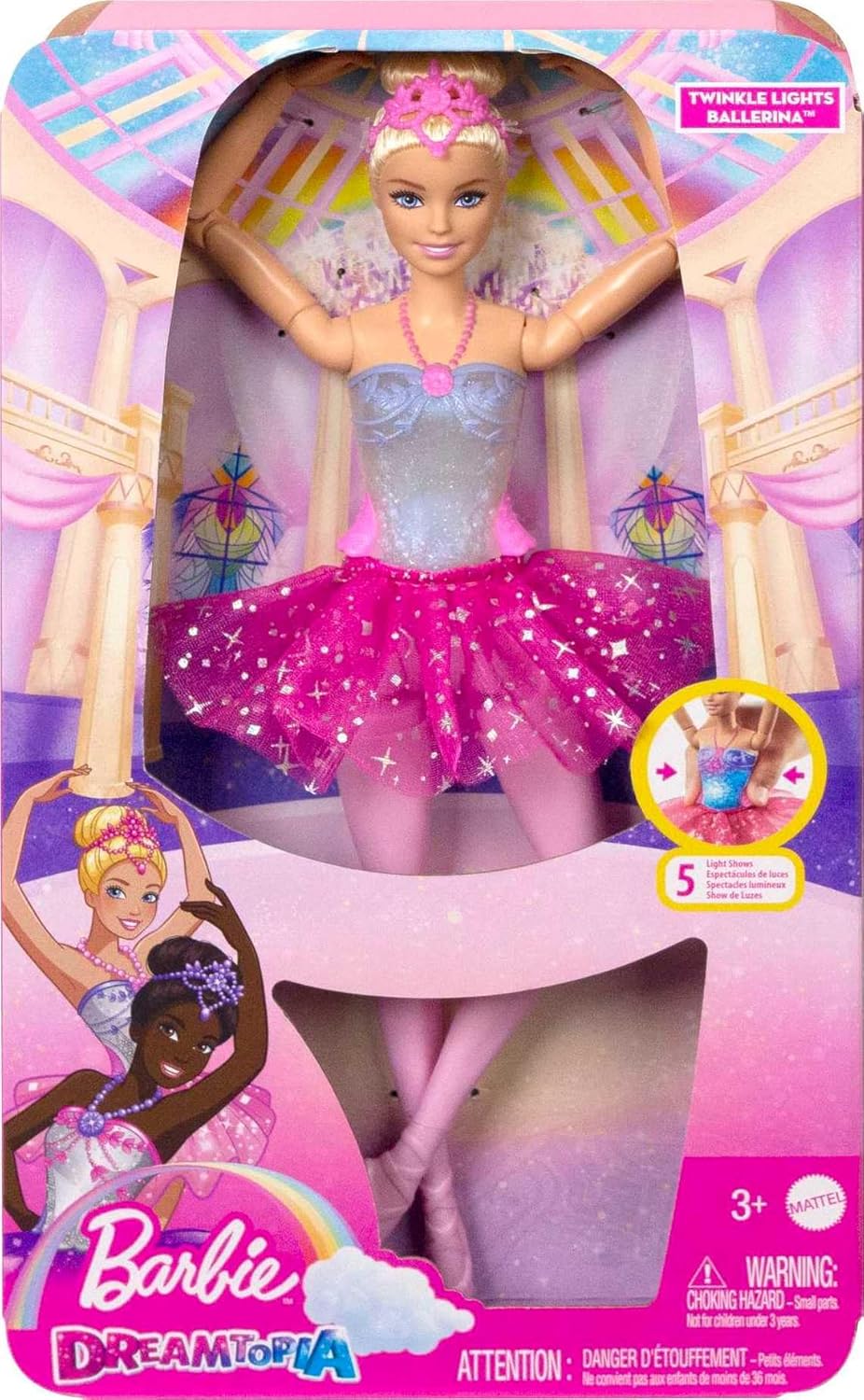 Barbie Dreamtopia Doll, Twinkle Lights Posable Ballerina with 5 Light-Up Shows, Sparkly Pink Tutu, Blonde Hair & Hair Accessory
